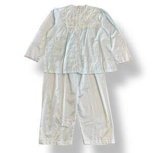 Vintage Barbizon Cuddleskin Pajama Set XL Blue Satin Lace Floral Embroidered‎